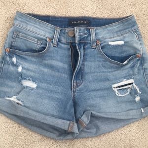 Medium Wash High waisted midi distressed shorts